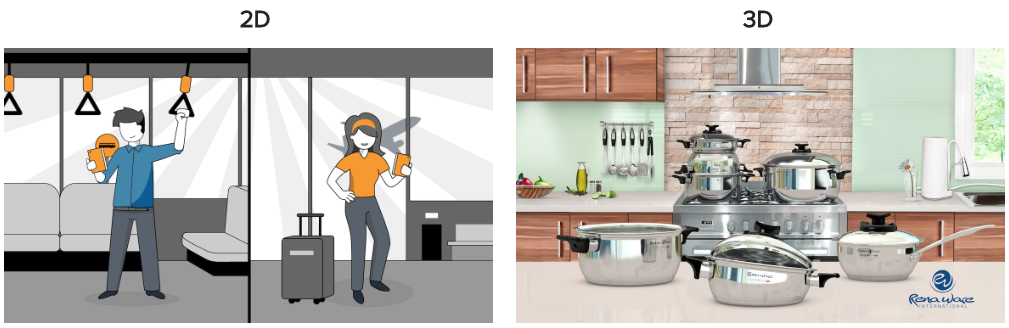 2D animation of man on public transportation and woman at airport and a 3D animation of "talking" pots and pans in a kitchen setting