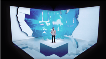 3D projection mapping of a man standing in studio space with a map of the United States behind him