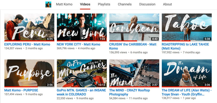 YouTube video thumbnails from videographer Matt Komo