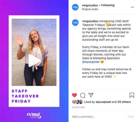 Staff takeover Friday on VMG Studios' Instagram Reel