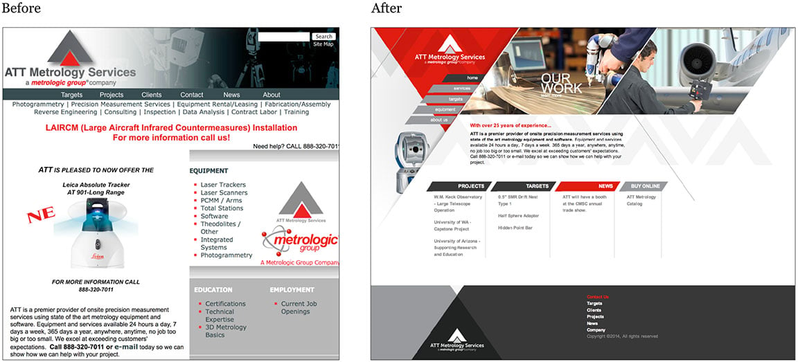 ATT Metrology website design before and after 