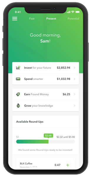 Home screen of the Acorns app showing financial information