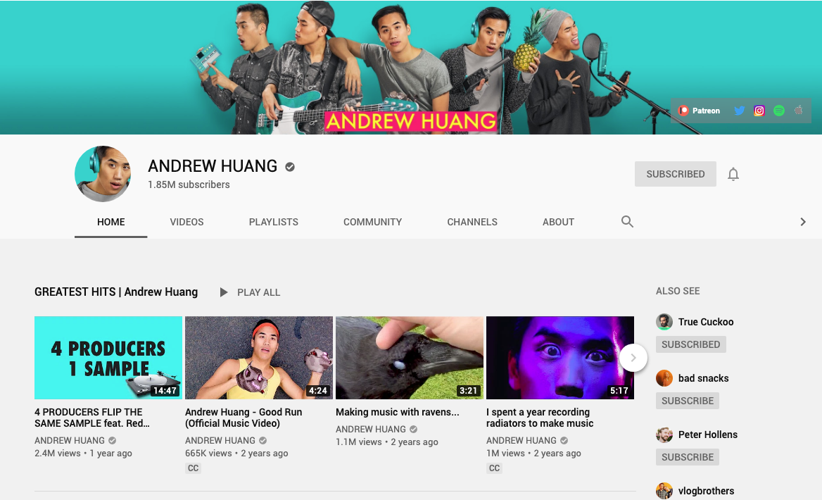 Screenshot of Andrew Huang's YouTube channel