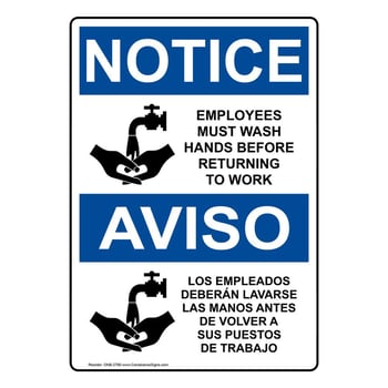 Bilingual sign for employees to wash their hands