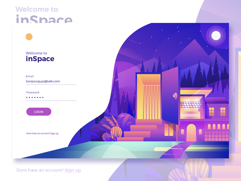 Log-in page for inSpace featuring bright gradient design work such as a building with trees and mountains in the background with a bright moon