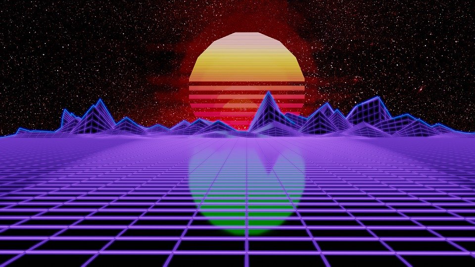 Retro wave design of a sun behind mountains in the horizon