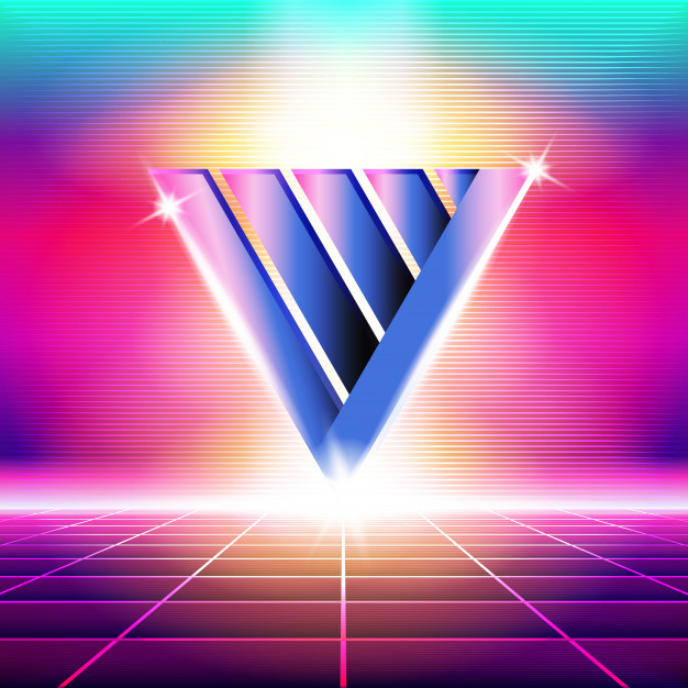 Retro wave design of a v shape against bright colors