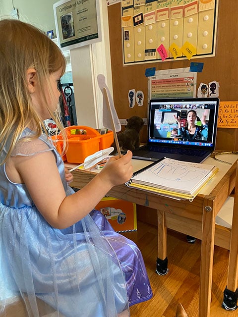 VMG Studios producer's daughter on a Zoom call for online, virtual learning during COVID-19