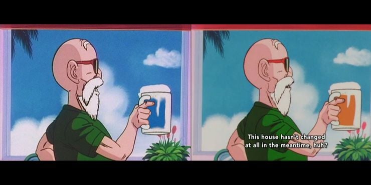 Dragon Ball Z U.S. version and Japanese version side-by-side of an older gentleman drinking either beer or water