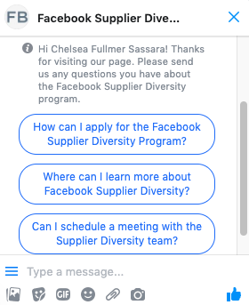 Screenshot of Messenger with Facebook Supplier Diversity page