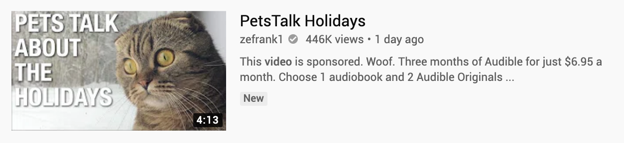 Screenshot of YouTube video from zefrank1 of PetsTalk Holidays