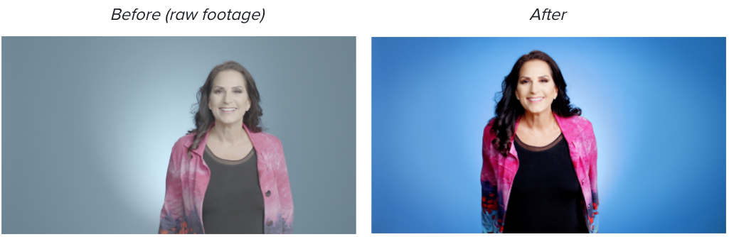 Before and after color grading of still picture from a video of a woman smiling at a camera against a blue background