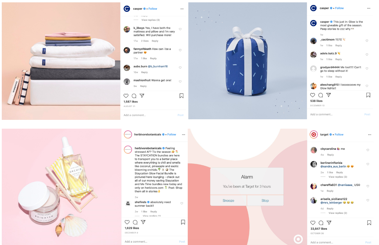 Muted color palettes social media trends instagram pages of Casper, Herbivore Botanicals, and Target