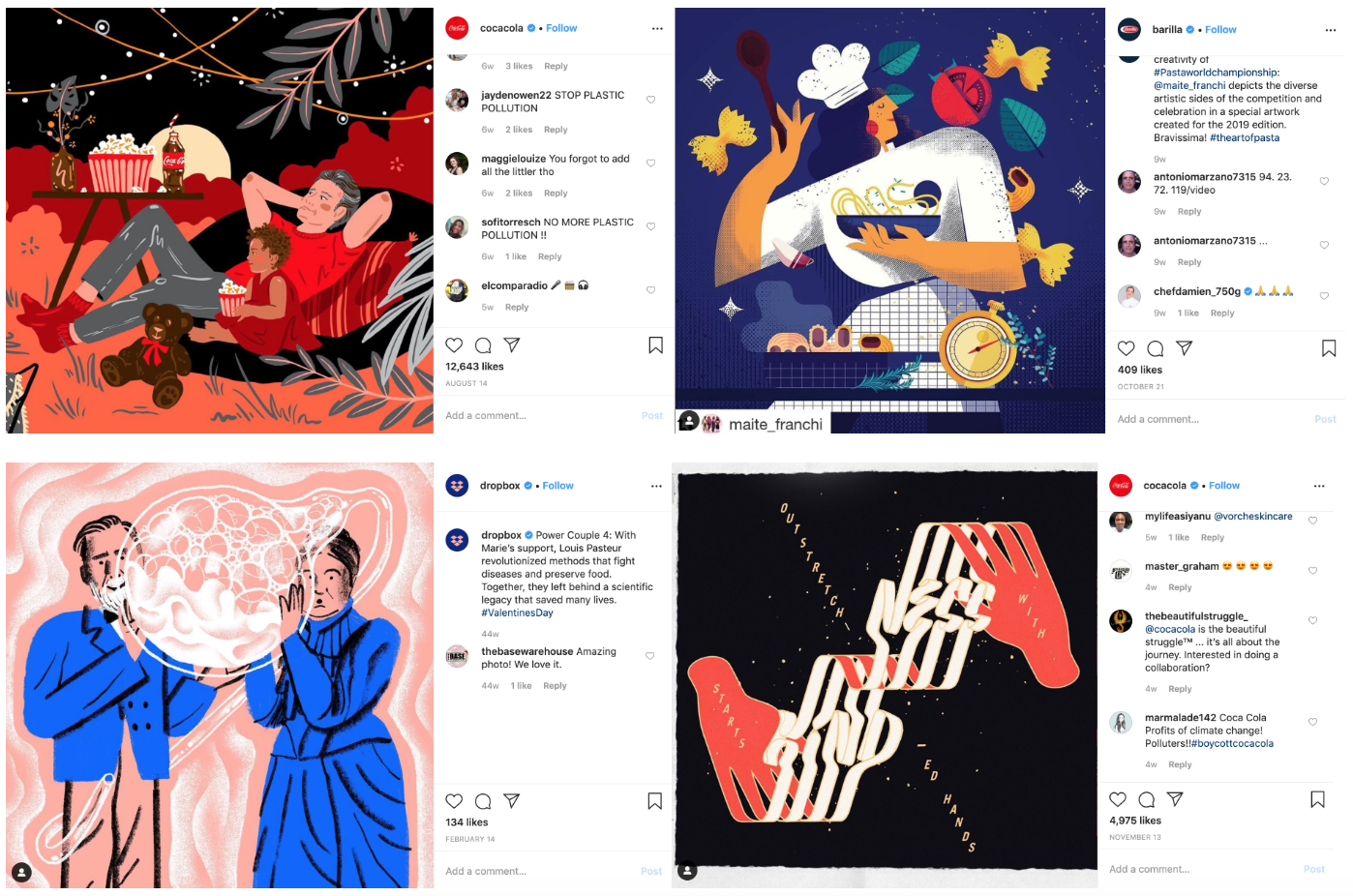 Abstract/dreamy illustrations social media trends instagram pages of Coca-Cola, Barilla and Dropbox