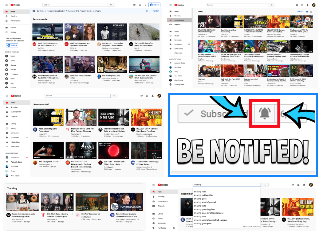 Screenshots of various YouTube landing pages including the homepage, trending, recommended, subscriptions, notifications, and search results