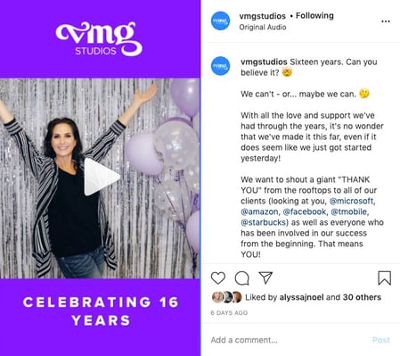 Screenshot of VMG Studios' Instagram Reel celebrating their 16th business anniversary featuring CEO and Founder Kelly Sparks