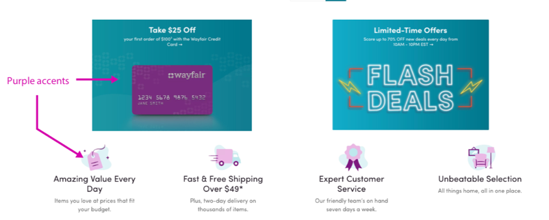 Wayfair online website deals design utilizing its brand colors