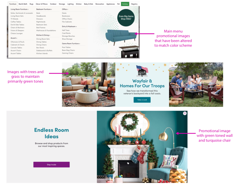 Wayfair website design utilizing its brand colors in its photography
