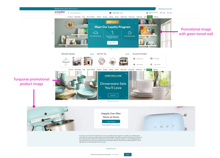 Wayfair website design utilizing its brand colors