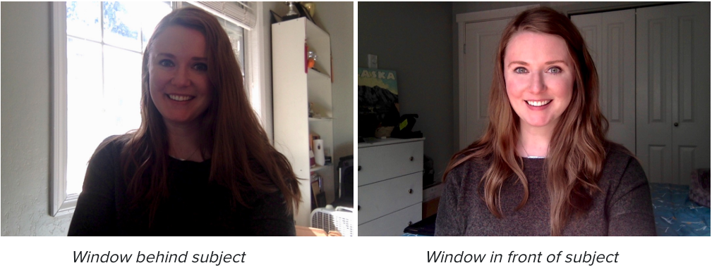 Young woman smiling to webcam. Picture on left shows a backlit window behind her, the picture on the right has the natural light in her face.