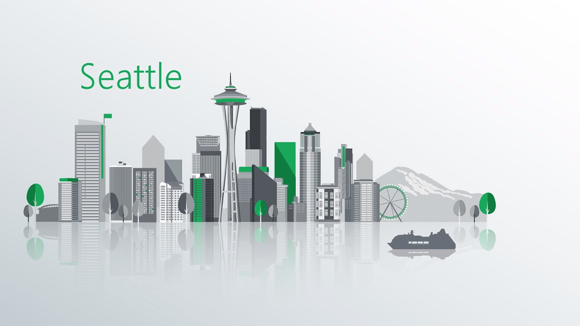 Animated skyline of the city of Seattle including the Space Needle and Mt. Rainier