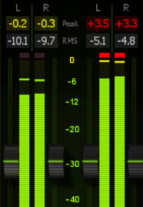 On the left, a meter showing peaks at -.02/.03 dB. On the right the meters are clipping at +3.5/3.3 dB.