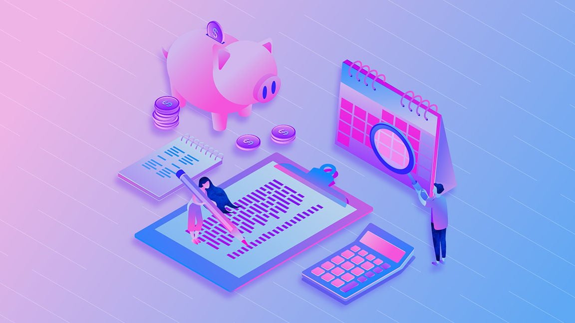 Design project budget artwork including a piggy bank with coins, calculator, calendar