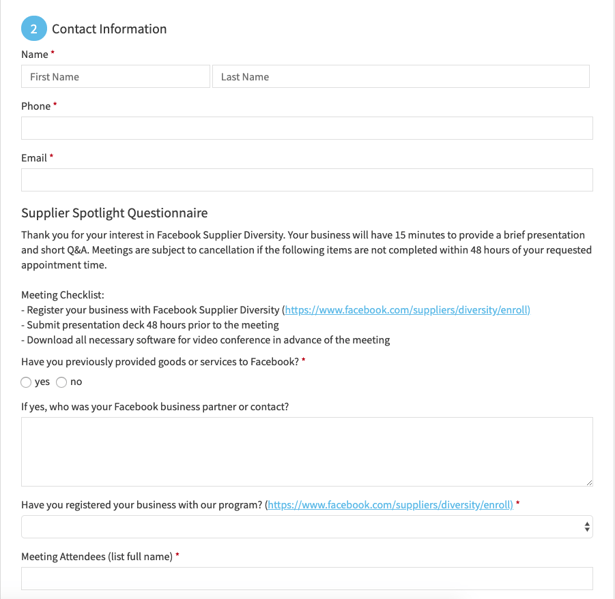 Screenshot of Facebook Supplier Diversity "Supplier Spotlight" webpage for filling out contact information to book an appointment