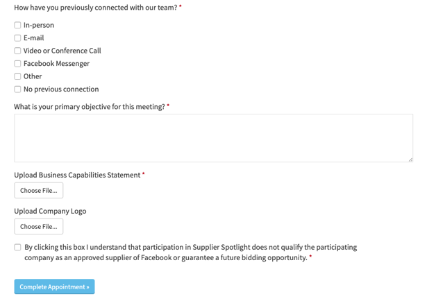 Screenshot of Facebook Supplier Diversity "Supplier Spotlight" contact form/questionnaire