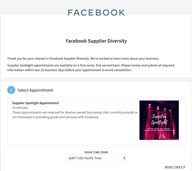 Screenshot of Facebook Supplier Diversity "Supplier Spotlight" homepage to book an appointment