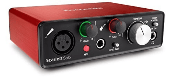 A Focusrite Scarlett 2i2 with phantom power engaged (the 48v button)