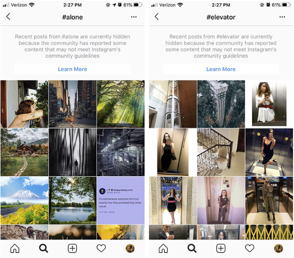 instagram alone and elevator banned hashtags