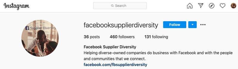 Screenshot of Facebook Supplier Diversity's Instagram profile