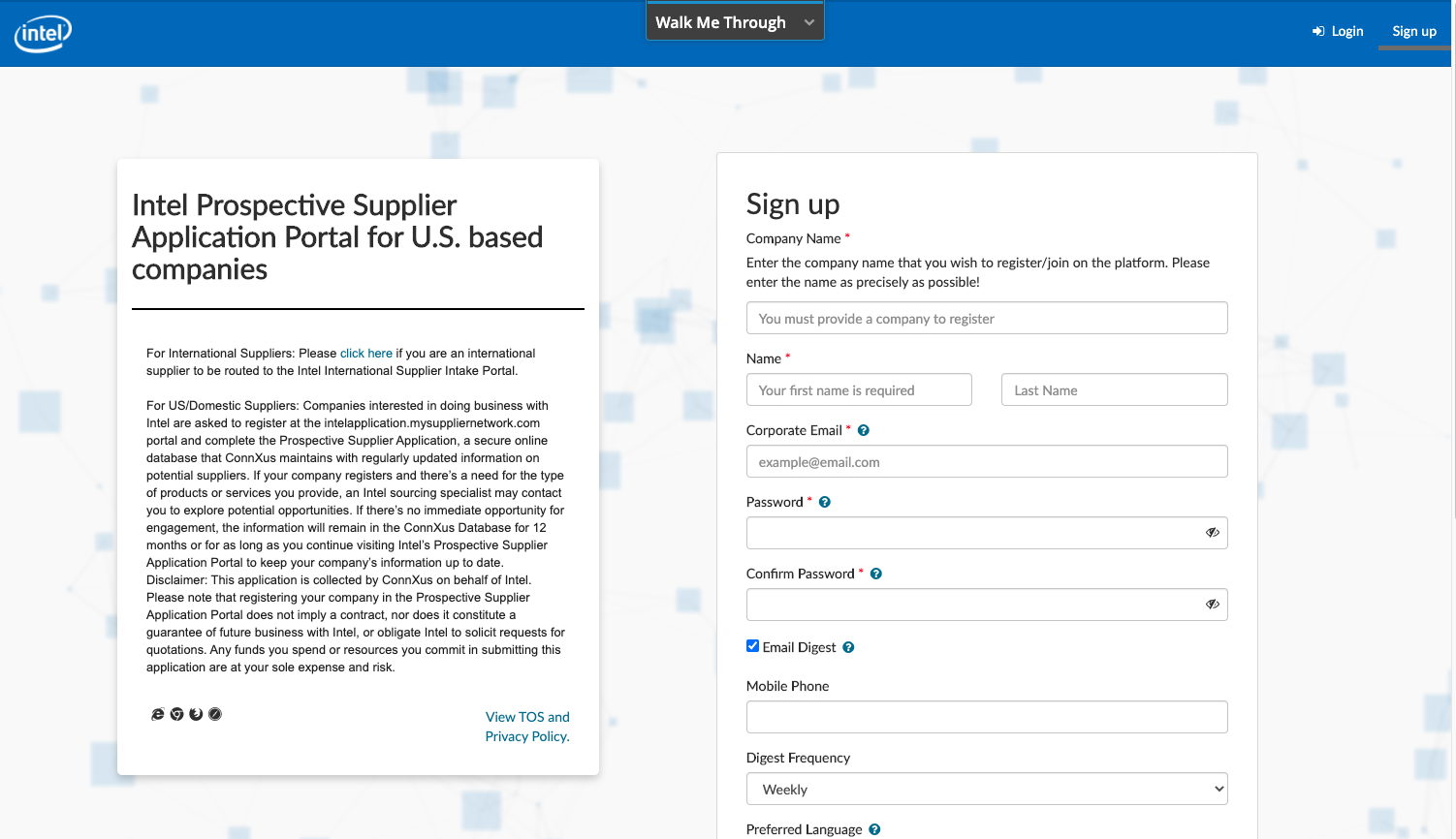 Intel Prospective Supplier Online Application Portal