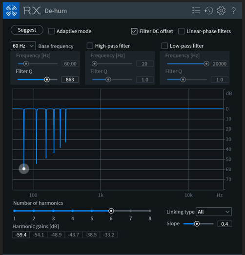 iZotope RX7 De-hum removing 60 Hz hum and its harmonics