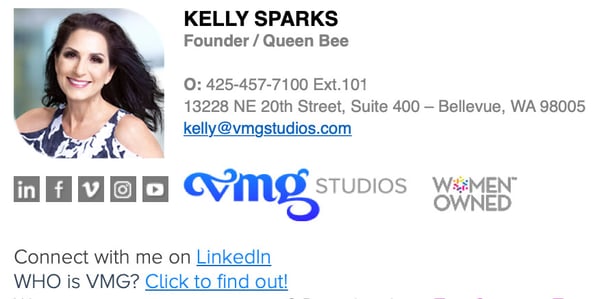 Kelly Sparks, CEO and founder of VMG Studios, email signature including a link to VMG's explainer video