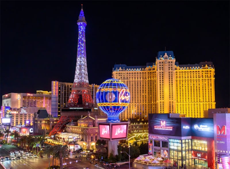 View of Paris Las Vegas Hotel & Casino illuminated at night