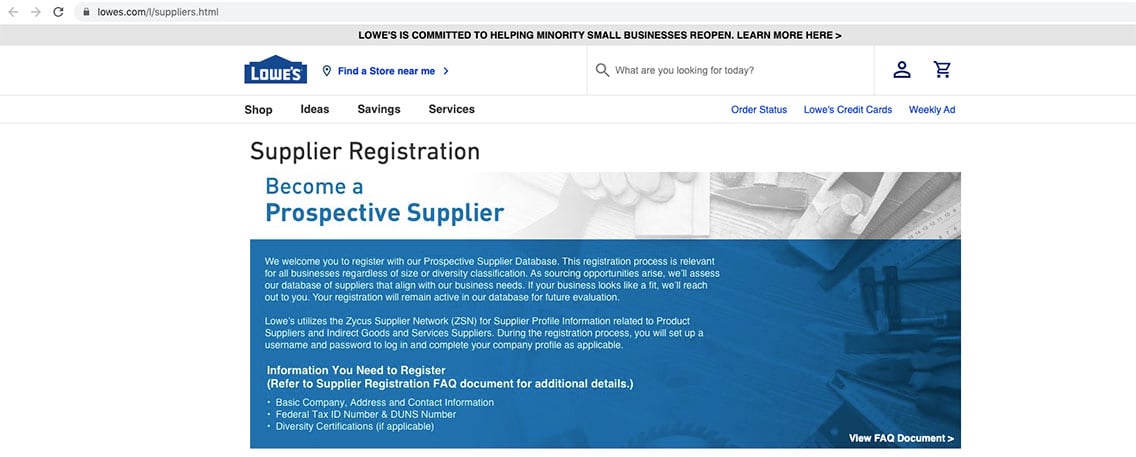 Lowe's Supplier Diversity registration portal