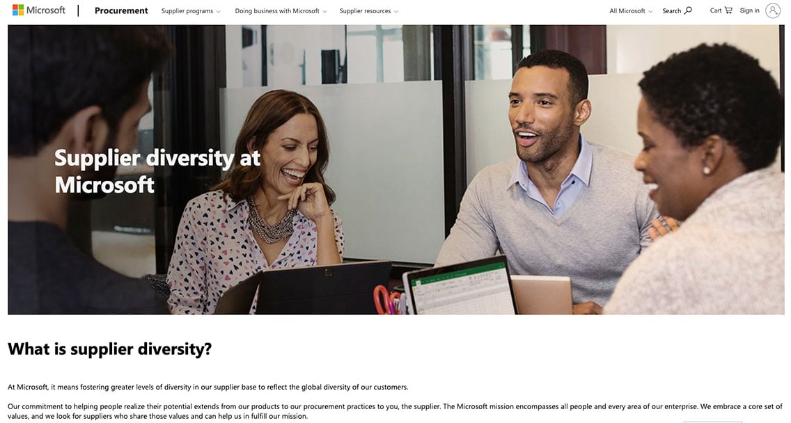 Screenshot of Microsoft's Supplier Diversity website landing page