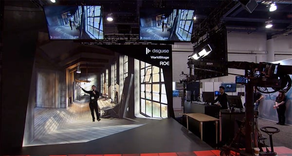 Man in mixed reality setting for a virtual event presentation