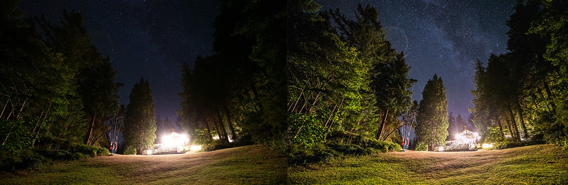 Starry night sky before and after photo editing