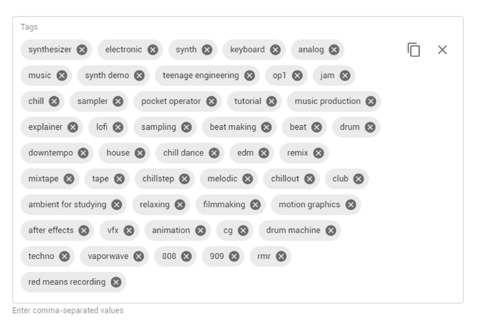 Screenshot of Red Means Recording YouTube video keywords and tags