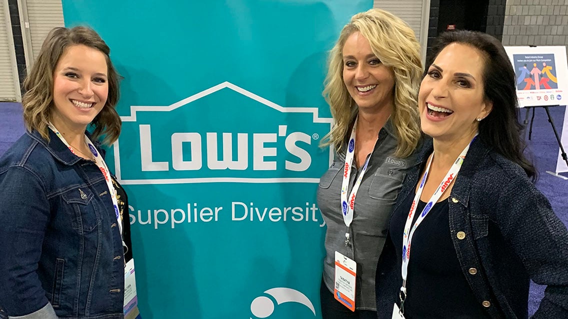 VMG Studios CEO and founder Kelly Sparks and VP of Key Accounts Alysia Lee with Lowe's Supplier Diversity Manager Tabatha Watson