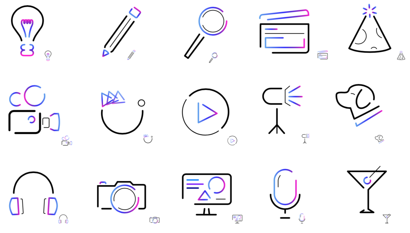 Iconography from VMG Studios including a lightbulb, pencil, clapper board, video camera, dog, headphones, still camera, microphone, and martini