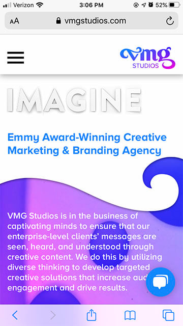 VMG Studios website design on mobile phone