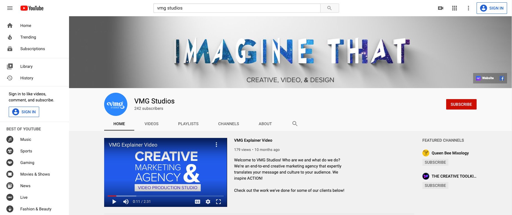 VMG Studios' YouTube channel featuring its explainer video as the channel trailer