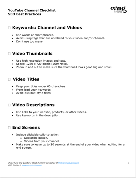 YouTube Channel Checklist SEO Best Practices CTA produced by VMG Studios