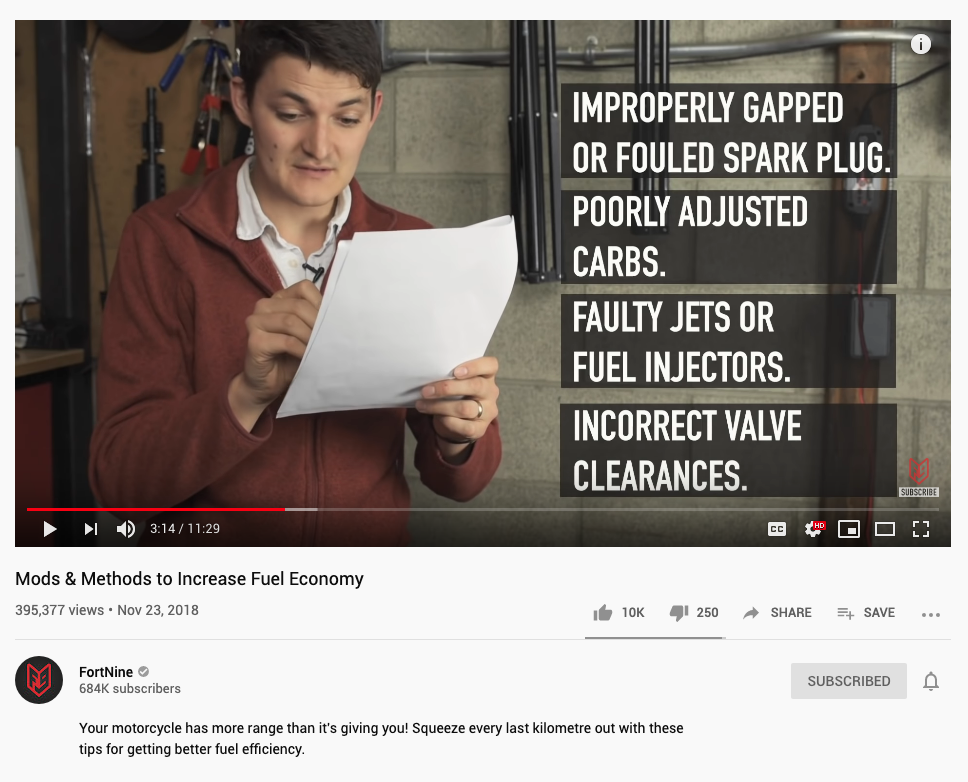 Screenshot of a YouTube video from FortNine providing educational motorcycle content